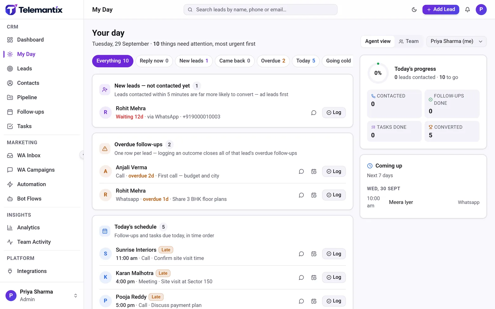 Sales CRM software – Telemantix My Day screen ranking new leads, overdue follow-ups and today’s schedule