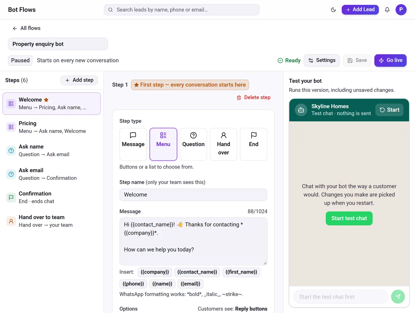 How to automate WhatsApp messages for business โ Telemantix WhatsApp bot flow builder with steps and a test chat