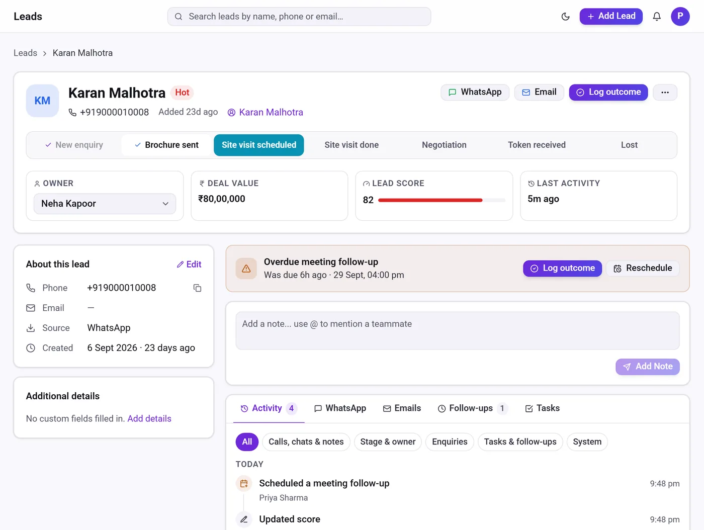 How to manage leads on WhatsApp โ Telemantix lead record with stage bar, owner, deal value and activity timeline