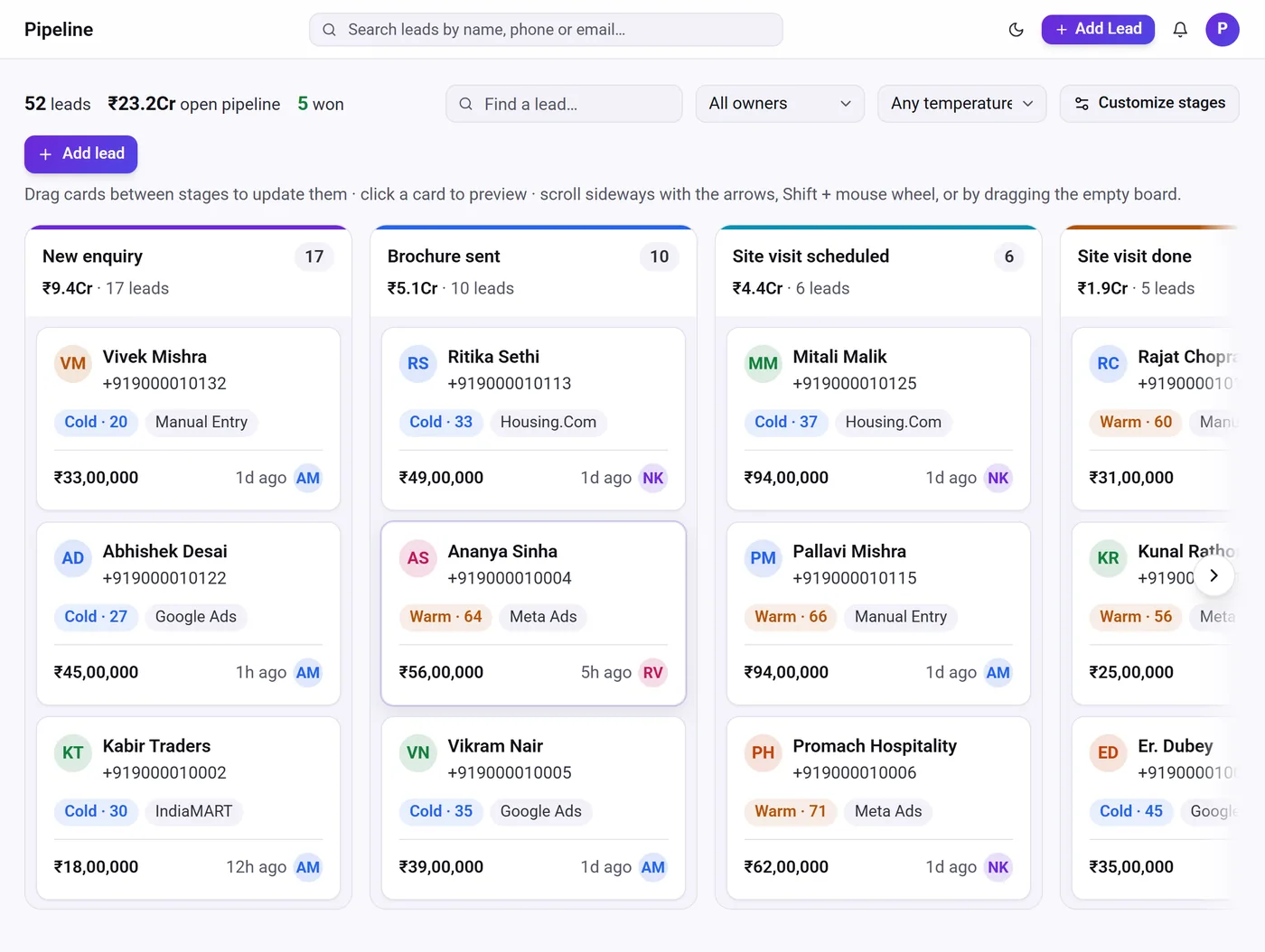 Sales CRM software – Telemantix Pipeline screen